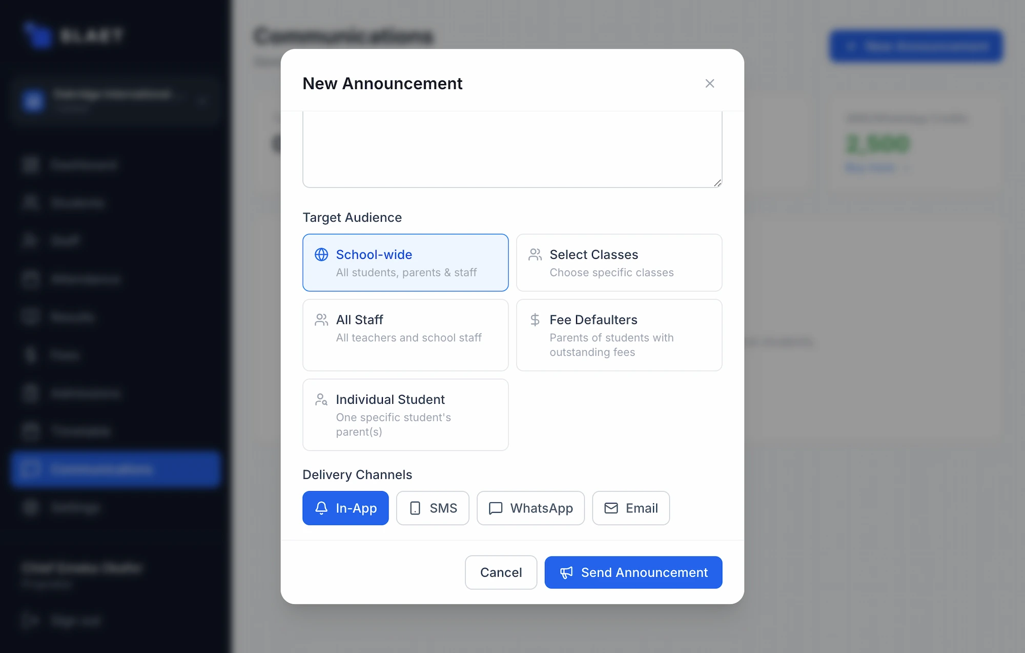 SLAET Communications screen with channel and audience filters