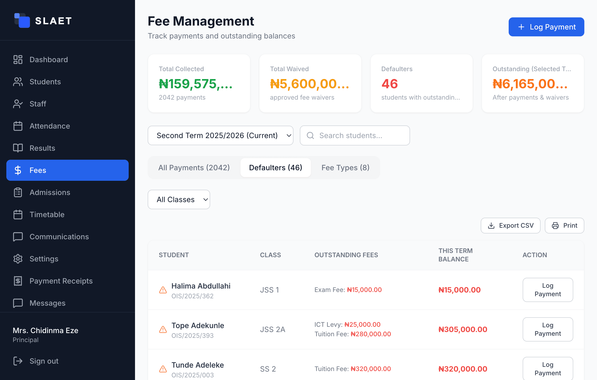 SLAET Fee Management screen showing collections and defaulters