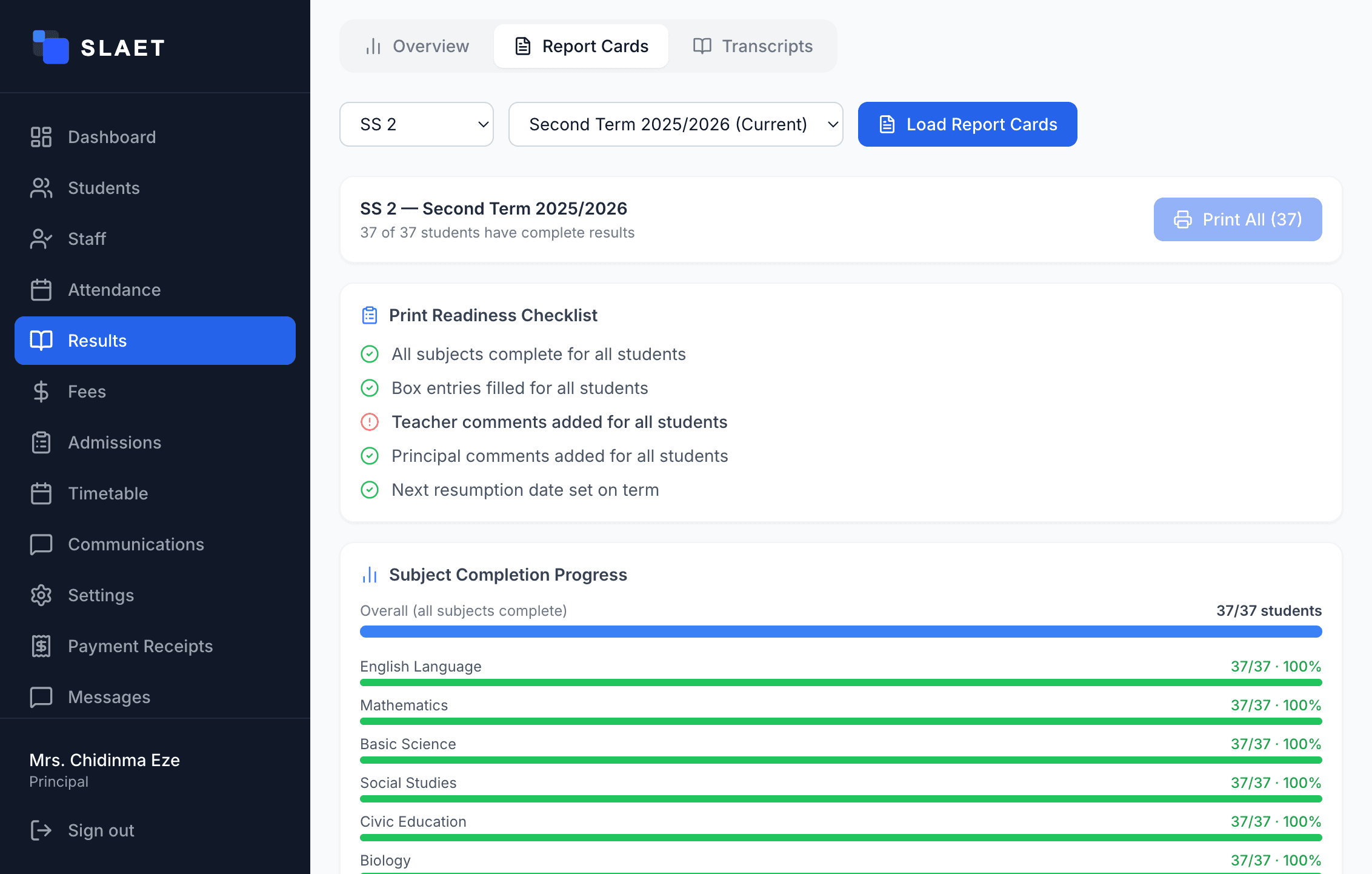 SLAET Results and Report Cards screen