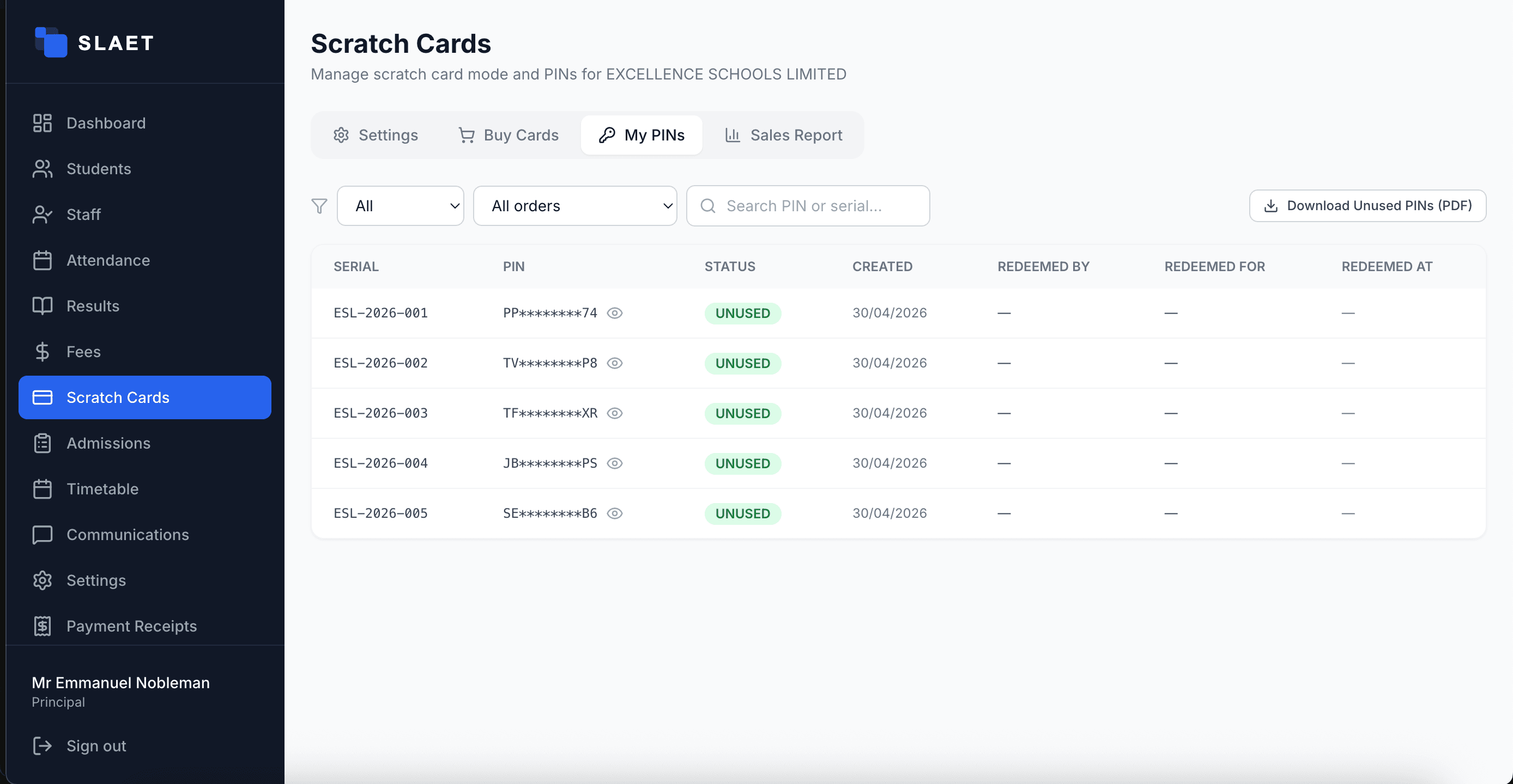 SLAET Scratch Cards dashboard showing PIN management
